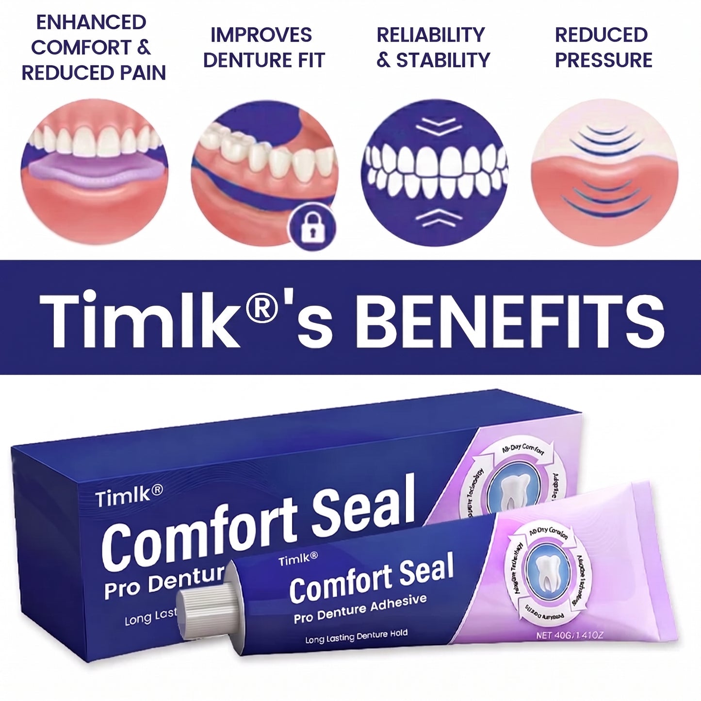 🔥 LIMITED SPECIAL OFFER 🔥 Timlk® Comfort Seal Pro Denture Adhesive🦷💜(Clinically Proven 96-   Hour Lock Hold for   Secure, Comfortable &   Zinc-Free Denture Fit)