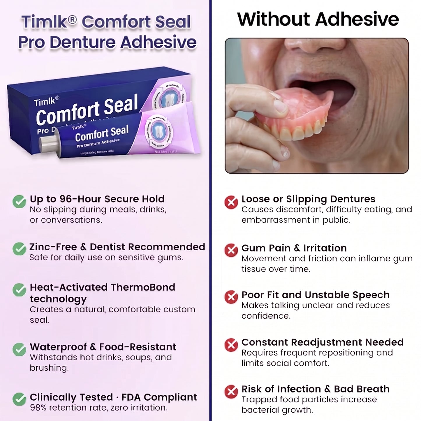 🔥 LIMITED SPECIAL OFFER 🔥 Timlk® Comfort Seal Pro Denture Adhesive🦷💜(Clinically Proven 96-   Hour Lock Hold for   Secure, Comfortable &   Zinc-Free Denture Fit)