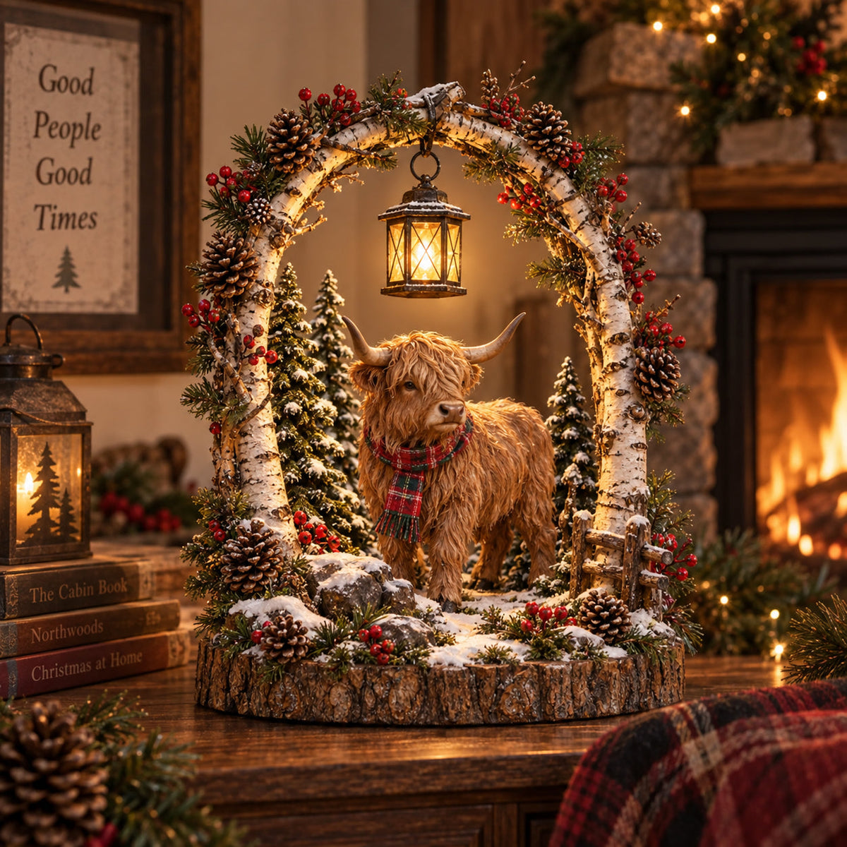 Highland Cow Christmas Woodland Lantern Decor 🎄 – Rustic Lighted Farmhouse Winter Tabletop Decoration 🎁