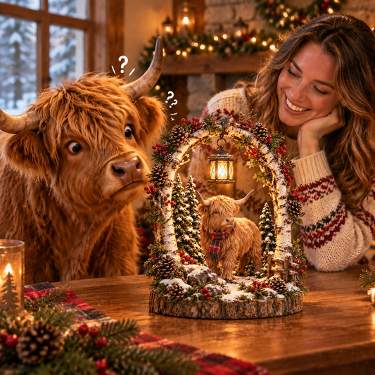 Highland Cow Christmas Woodland Lantern Decor 🎄 – Rustic Lighted Farmhouse Winter Tabletop Decoration 🎁